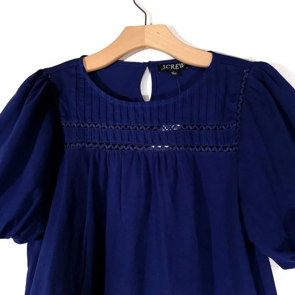 NEW J Crew Cottagecore Lace Trim Puff Sleeve Shirt Mediterranean Navy Blue Small